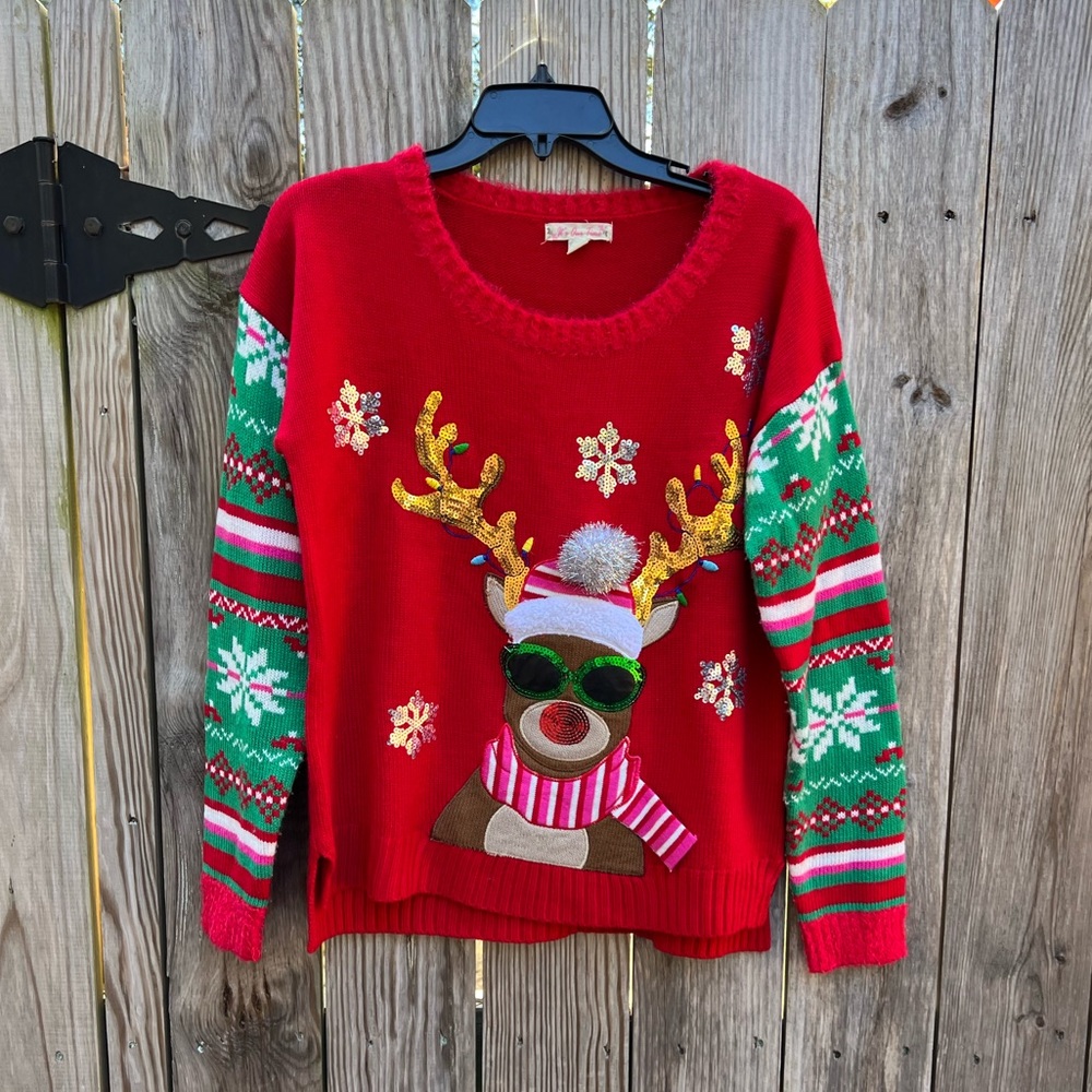 IT’S ONE TIME Ugly Reindeer Christmas Sweater with sequins size Medium